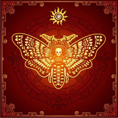 Gizemli arka plan: bir güve ölü kafa, mistik bir daire dekoratif çerçeve stilize renkli görüntü. Ezoterik, Tasavvuf, büyü. Baskı, poster, tişört, kart. Vektör çizim.