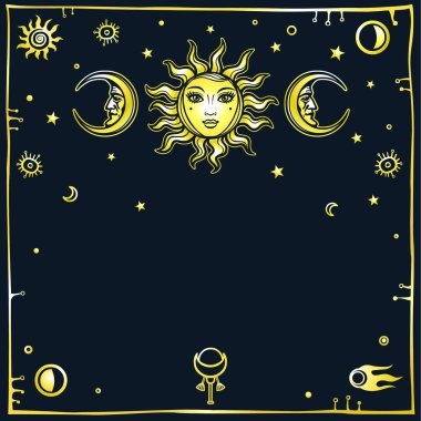 Gizemli arka plan: stilize güneş ve ay bir görüntüdeki erkek ve kadın. Uzay sembolleri, altın taklidi. Ezoterik, Tasavvuf, büyü. Baskı, poster, tişört, kart. Vektör çizim.