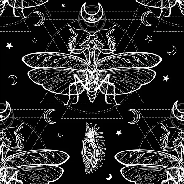 Patrón Monocromo Sin Costuras Mantis Fantasma Larva Geometría Sagrada Esotérico — Vector de stock