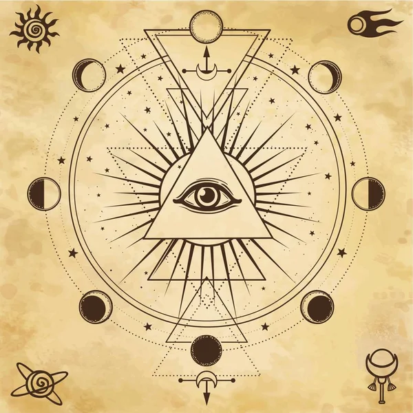 Gizemli arka plan: Piramit, all-gören göz, kutsal geometri. Arka plan - eski kağıt imitasyon. Ezoterik, Tasavvuf, büyü. Baskı, poster, tişört, kart. Vektör çizim.