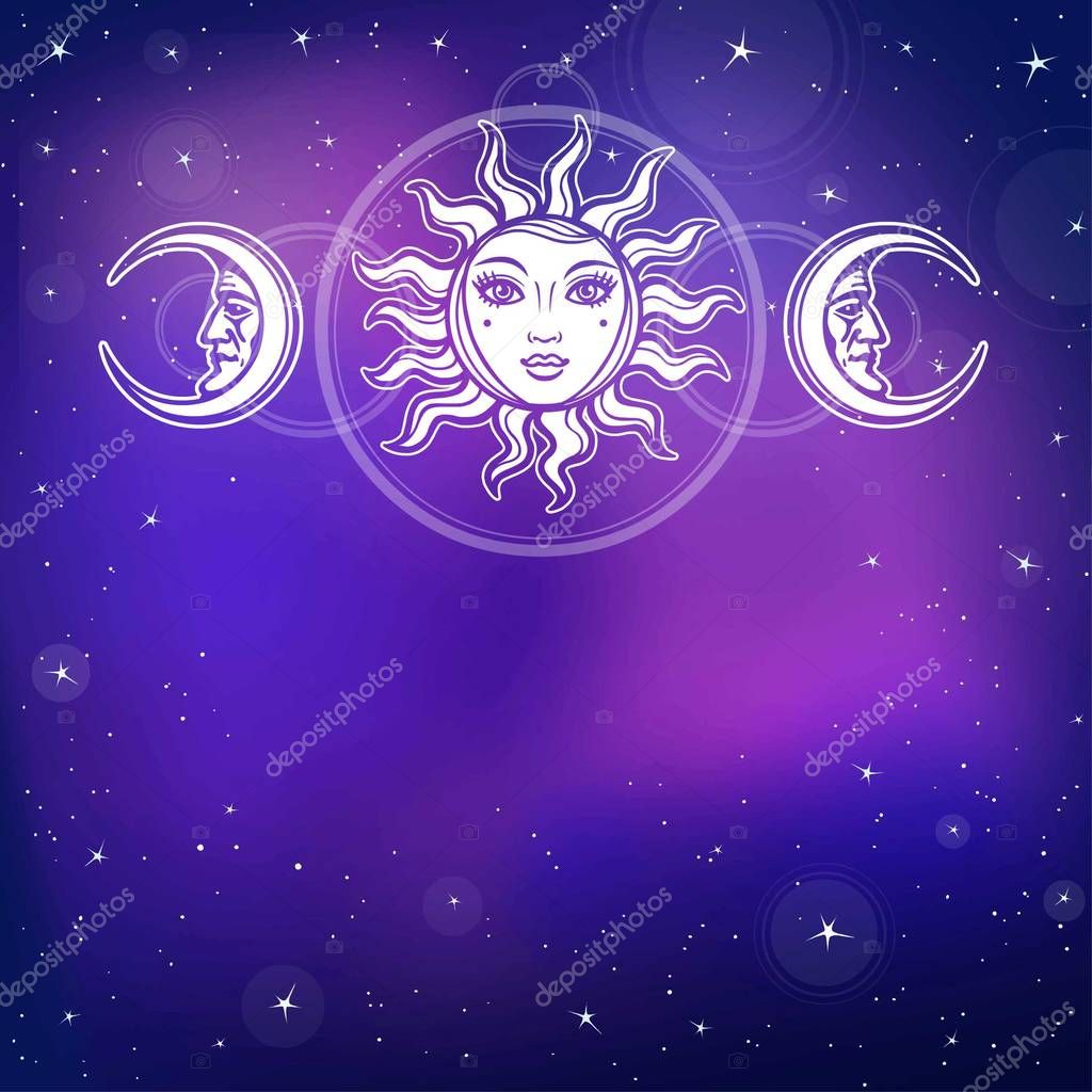 Mysterious background: the stylized sun and the moon in an image of the man and woman. Background - the star sky. Esoteric, mysticism, occultism. Print, poster, t-shirt, card. Vector illustration.