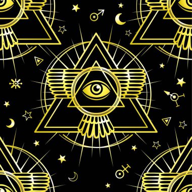 Sorunsuz arka plan: kanatlı Piramit, all-gören göz. Alanı simgeler. Ezoterik, Tasavvuf, büyü. Altın taklidi. Vektör çizim.