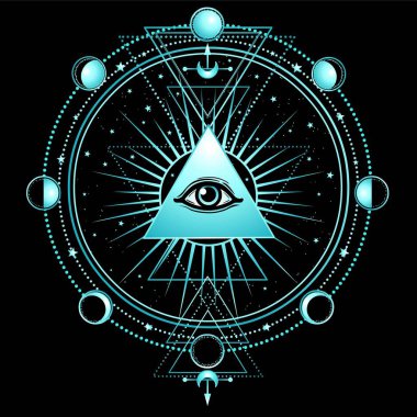 Gizemli arka plan: Piramit, all-gören göz, kutsal geometri. Ezoterik, Tasavvuf, büyü. Baskı, poster, tişört, kart. Vektör çizim siyah bir zemin üzerine.