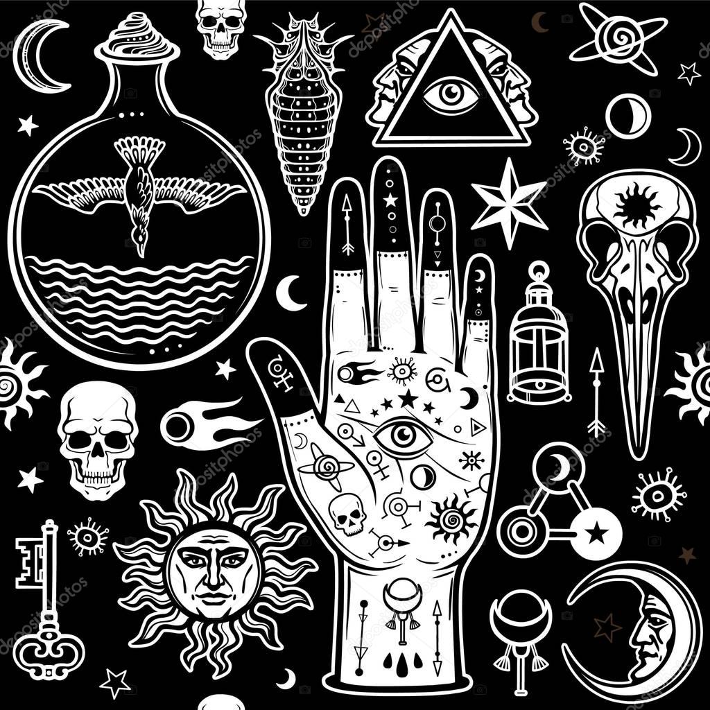 Seamless color pattern: human hands in tattoos, alchemical symbols. Esoteric, mysticism, occultism.  White drawing on a black background. Vector illustration.