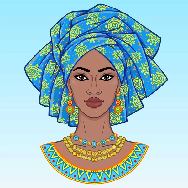 非洲美人 一个动画肖像的年轻黑人妇女在头巾 在蓝色背景上隔离的矢量插图 — 图库矢量图片