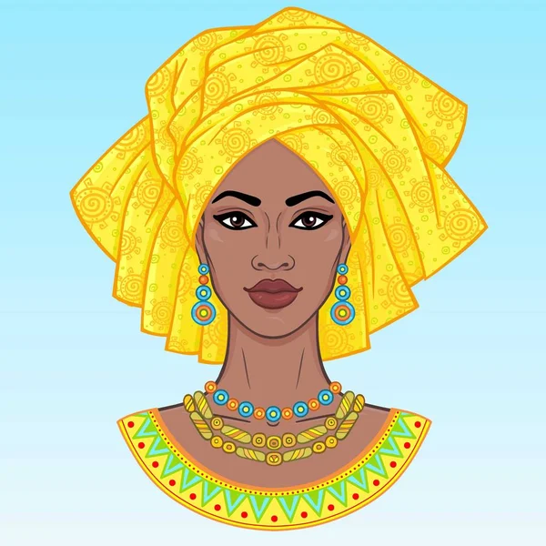 非洲美人 一个动画肖像的年轻黑人妇女在头巾 在蓝色背景上隔离的矢量插图 — 图库矢量图片