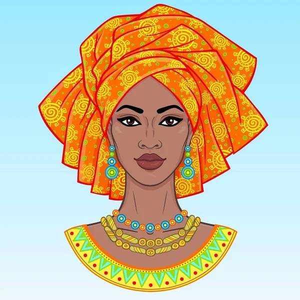 アフリカの美しさ ターバンの若い黒人女性のアニメーションの肖像画 ベクター グラフィックは 青い背景に分離されました ポスター シャツ カード — ストックベクタ
