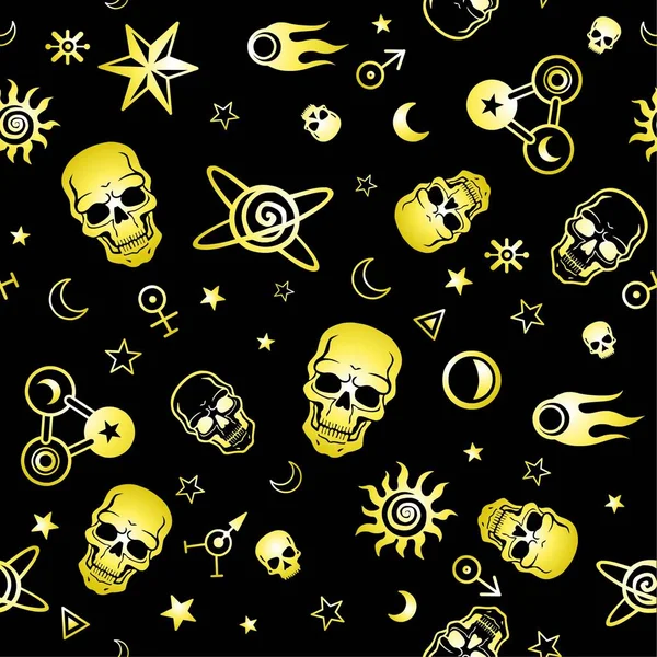 Seamless Background Animation Skulls Space Symbols Esoteric Mysticism Occultism Gold — Stock Vector