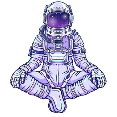 Buda poz oturan astronot animasyon rakam. Meditasyon uzayda. Çizim rengi. Beyaz bir arka plan üzerinde izole vektör çizim. Baskı, poster, tişört, kart.