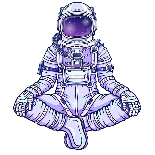 Buda Poz Oturan Astronot Animasyon Rakam Meditasyon Uzayda Çizim Rengi — Stok Vektör