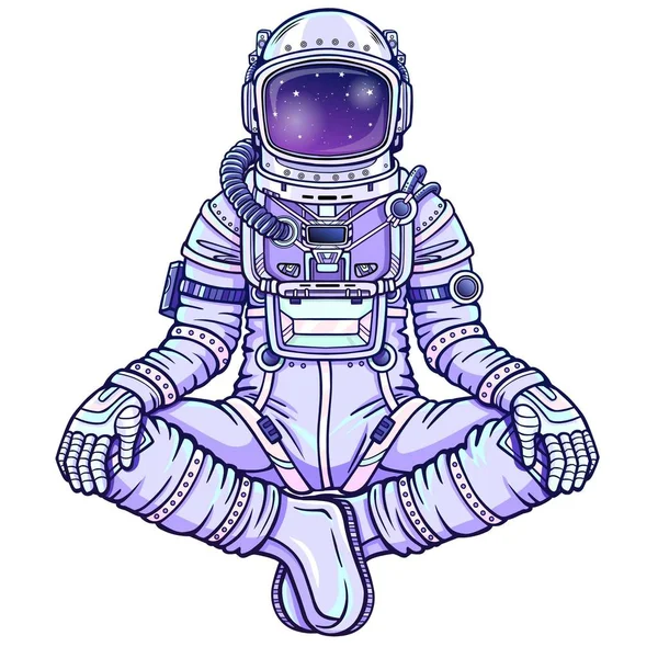 Animationsfigur Des Astronauten Buddha Pose Meditation Weltraum Farbzeichnung Vektor Illustration — Stockvektor