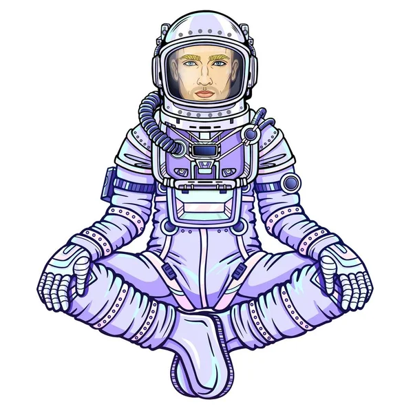 Figura Animație Omului Astronaut Care Stă Într Poziție Buddha Meditație — Vector de stoc