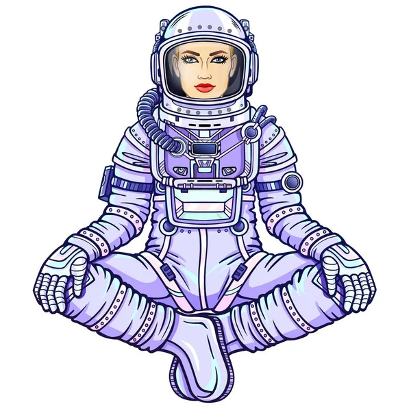 Animation Figur Kvinna Astronaut Sitter Buddha Pose Meditation Rymden Färg — Stock vektor