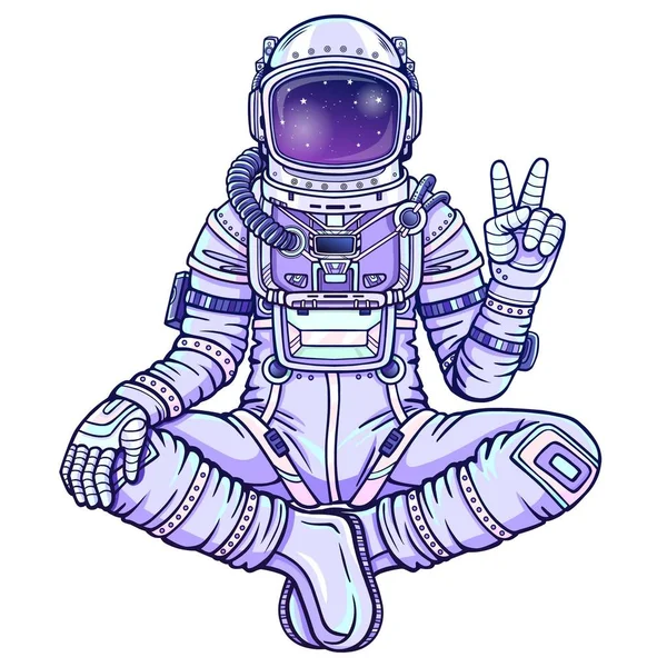 Figura Animação Astronauta Sentado Pose Buda Meditação Espaço Desenho Cores — Vetor de Stock