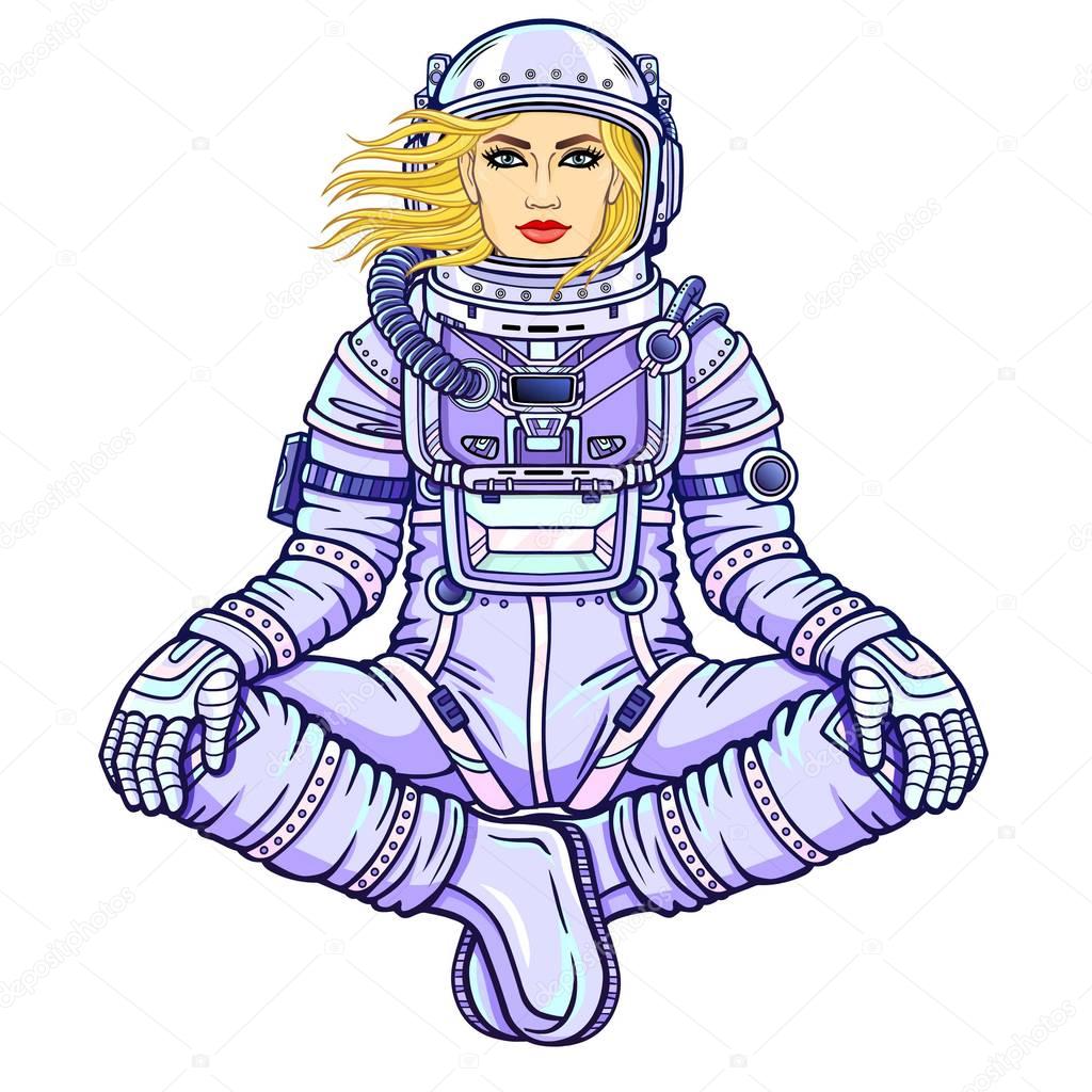 Animation figure of the woman astronaut sitting in a Buddha pose. Meditation in space. Color drawing. Vector illustration isolated on a white background. Print, poster, t-shirt, card.