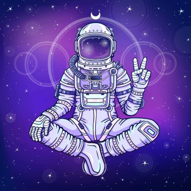 Buda poz oturan astronot animasyon rakam. Meditasyon uzayda. Çizim rengi. Arka plan - gece yıldızlı gökyüzü. Vektör çizim. Baskı, poster, tişört, kart.