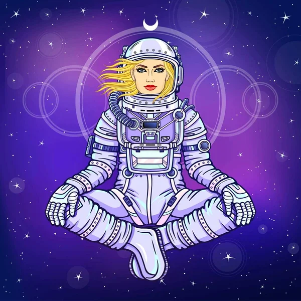 Buda Poz Oturan Bir Kadın Astronot Figürü Meditasyon Uzayda Çizim — Stok Vektör