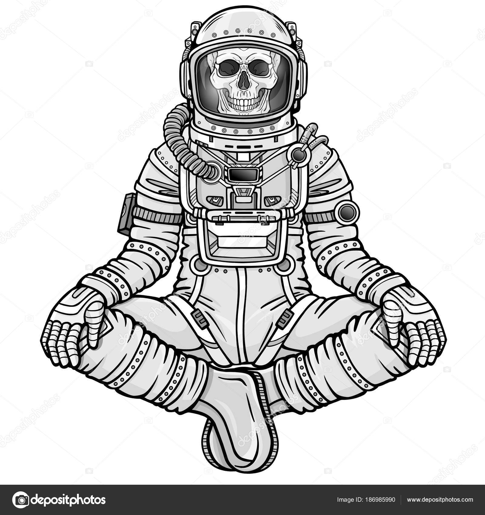 Figura di animazione dello scheletro astronauta si siede nella posa di Buddha Meditazione nello spazio Disegno monocromatico