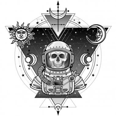 Animasyon bir uzay giysisi astronot iskeleti portresi. Arka plan - yıldızlı gökyüzü, ay ve güneş sembolü. Kutsal geometri. Vektör illüstrasyon izole. Baskı, poster, tişört, kart.