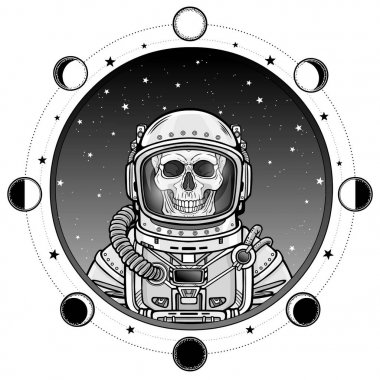 Animasyon bir uzay giysisi astronot iskeleti portresi. Arka plan - yıldızlı gökyüzü, ay aşamaları. Vektör illüstrasyon izole. Baskı, poster, tişört, kart.