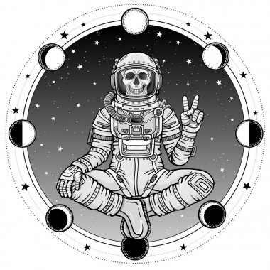 Buda poz oturan astronot iskelet animasyon rakam. Meditasyon uzayda. Arka plan - yıldızlı gökyüzü, ay aşamaları. Vektör illüstrasyon izole. Baskı, poster, tişört, kart.