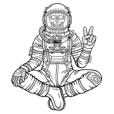 Buda poz oturan astronot iskelet animasyon rakam. Meditasyon uzayda. Tek renkli çizim. Beyaz bir arka plan üzerinde izole vektör çizim. Baskı, poster, tişört, kart.