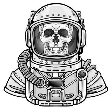 Animasyon astronot iskeleti uzay giysisi. Tek renkli çizim. Beyaz bir arka plan üzerinde izole vektör çizim. Baskı, poster, tişört, kart.