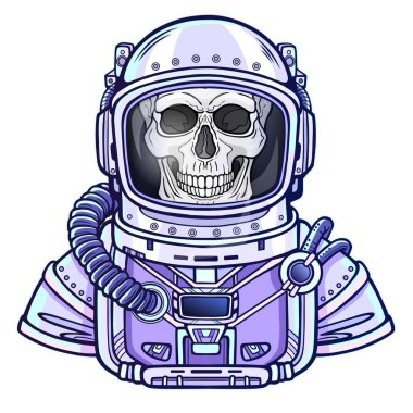 Animasyon astronot iskeleti uzay giysisi. Çizim rengi. Beyaz bir arka plan üzerinde izole vektör çizim. Baskı, poster, tişört, kart.