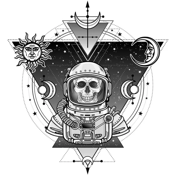 宇宙服で宇宙飛行士骨格のアニメーションの肖像画 星の空 月と太陽のシンボル 神聖な幾何学 ベクトル図が分離されました ポスター シャツ カード — ストックベクタ