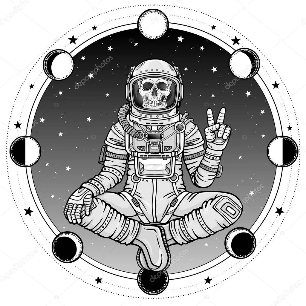 Animation figure of the astronaut skeleton sitting in Buddha pose. Meditation in space. Background - the star sky, phases of the moon. Vector illustration isolated.  Print, poster, t-shirt, card.