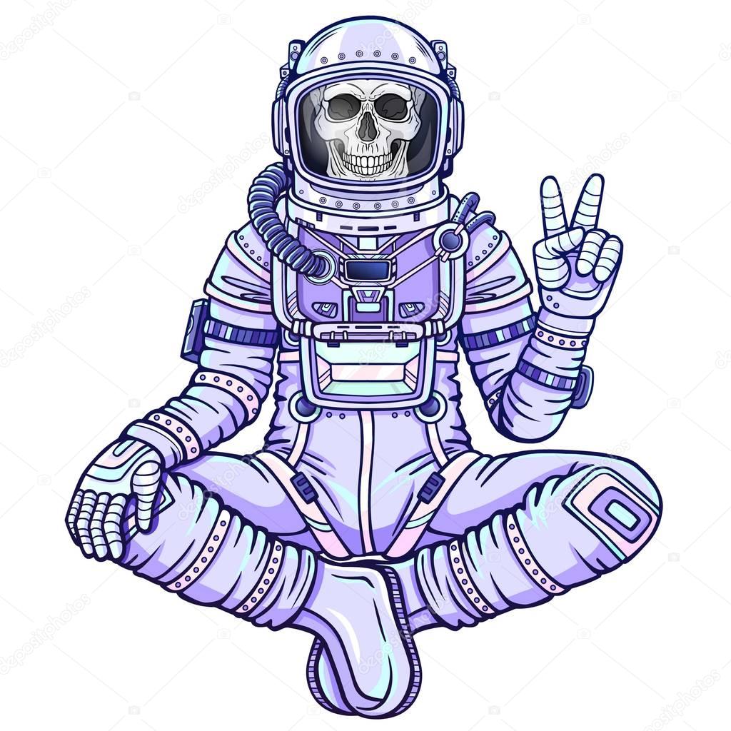 Animation figure of the astronaut skeleton sitting in Buddha pose. Meditation in space. Color drawing. Vector illustration isolated on a white background. Print, poster, t-shirt, card.