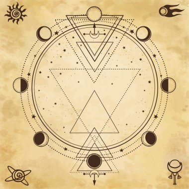 Gizemli arka plan: Kutsal geometri, ayın evreleri. Metni için bir yer. Arka plan - eski kağıt imitasyon. Ezoterik, Tasavvuf, büyü. Baskı, poster, tişört, kart. Vektör çizim.