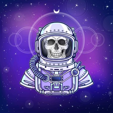 Animasyon astronot iskeleti uzay giysisi. Çizim rengi. Arka plan - gece yıldızlı gökyüzü. Vektör çizim. Baskı, poster, tişört, kart.