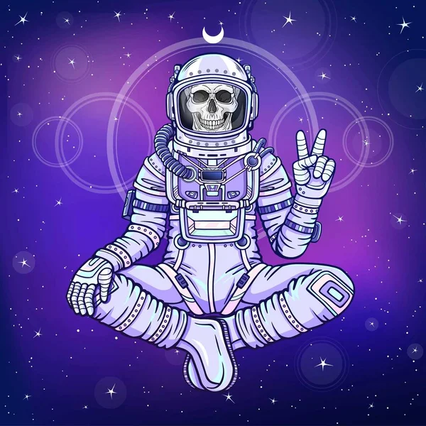 Buda poz oturan astronot iskelet animasyon rakam. Meditasyon uzayda. Çizim rengi. Arka plan - gece yıldızlı gökyüzü. Vektör çizim. Baskı, poster, tişört, kart.