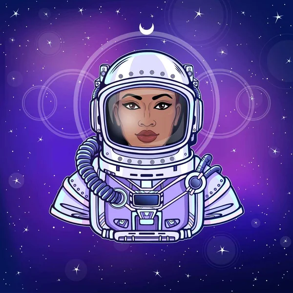 Siyah Kadın Astronot Uzay Giysisi Içinde Animasyon Portresi Çizim Rengi — Stok Vektör