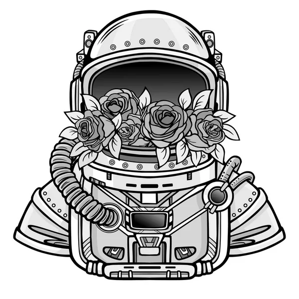 Casco Espacial Del Astronauta Llena Flores Rosas Dibujo Monocromático Ilustración — Vector de stock