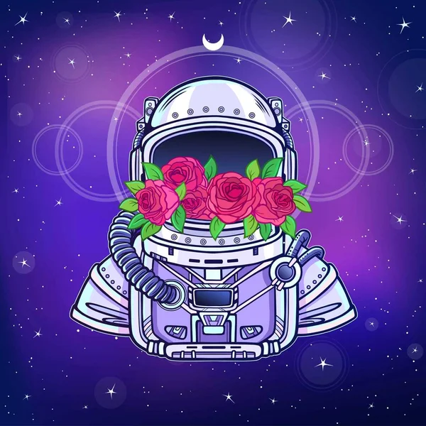 Der Weltraumhelm Des Astronauten Ist Mit Blumenrosen Gefüllt Farbzeichnung Hintergrund — Stockvektor