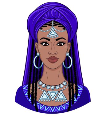 Afrika güzeli. Animasyon bir Türban genç siyah kadın portresi. Vektör renk illüstrasyon izole beyaz bir arka plan üzerinde. Baskı, poster, tişört, kart.