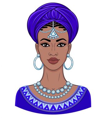 Afrika güzeli. Animasyon bir Türban genç siyah kadın portresi. Vektör renk illüstrasyon izole beyaz bir arka plan üzerinde. Baskı, poster, tişört, kart.