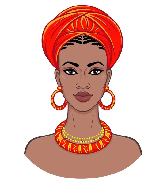 Afrika Güzeli Animasyon Bir Türban Genç Siyah Kadın Portresi Vektör — Stok Vektör