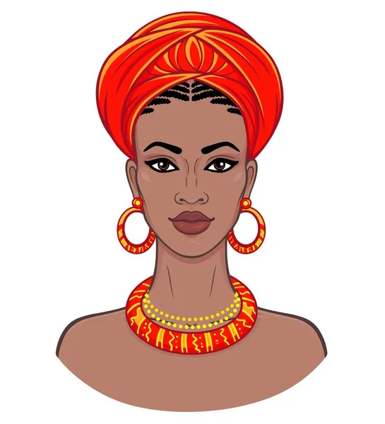 Belleza Africana Retrato Animación Joven Negra Con Turbante Ilustración Color — Vector de stock