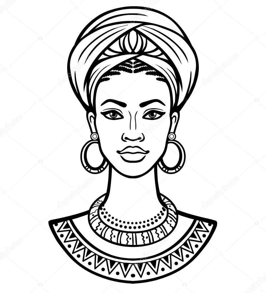 Animation portrait of the young African woman in a turban. Monochrome linear drawing. Vector illustration isolated on a white background. Print, poster, t-shirt, card.