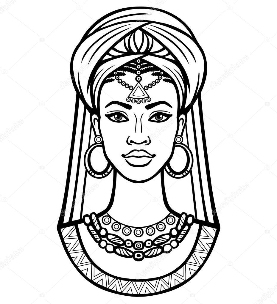 Animation portrait of the young African woman in a turban. Monochrome linear drawing. Vector illustration isolated on a white background. Print, poster, t-shirt, card.