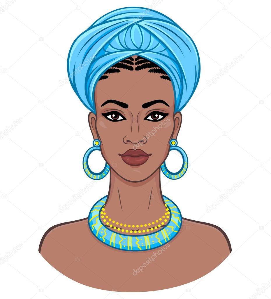 African beauty. Animation portrait of the young black woman in a turban. Vector color illustration isolated on a white background. Print, poster, t-shirt, card.