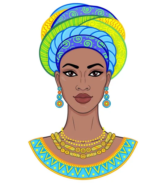 非洲美人 动画肖像的年轻黑人妇女在头巾 在白色背景上隔离的矢量颜色插图 — 图库矢量图片