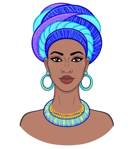 African Beauty Animation Portrait Young Black Woman Turban Vector Color — Stock Vector