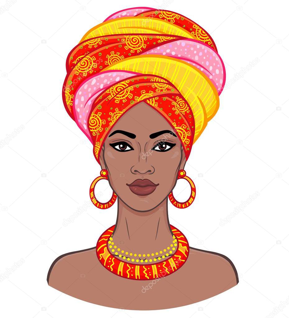 African beauty. Animation portrait of the young black woman in a turban. Vector color illustration isolated on a white background. Print, poster, t-shirt, card.