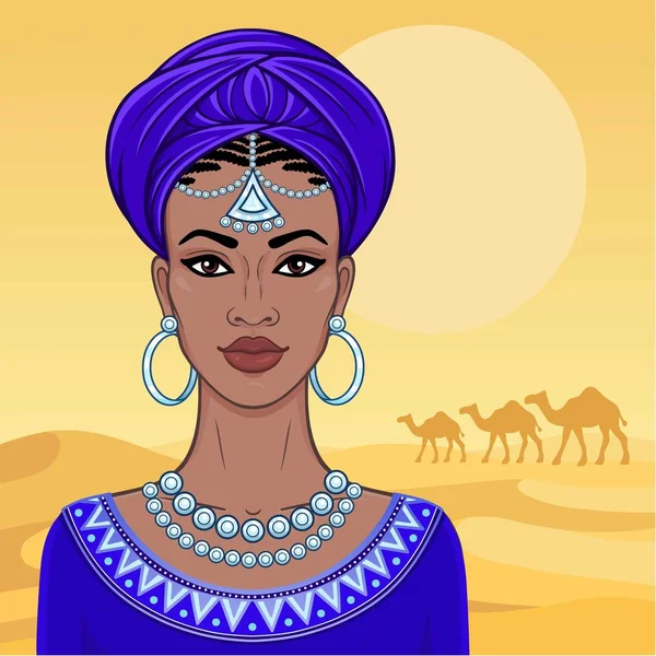 非洲美人 动画肖像的年轻黑人妇女在头巾 风景沙漠 骆驼商队 矢量颜色插图 — 图库矢量图片