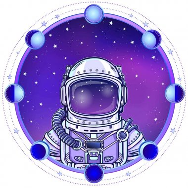 Animasyon astronot uzay giysisi içinde. Çizim rengi. Arka plan - gece yıldızlı gökyüzü, ay aşaması daire. Vektör çizim. Baskı, poster, tişört, kart.