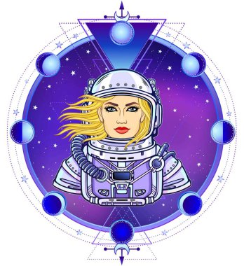 Animasyon kadın astronot uzay giysisi. Çizim rengi. Arka plan - gece yıldızlı gökyüzü, ay aşaması daire. Kutsal geometri. Vektör çizim. Baskı, poster, tişört, kart.